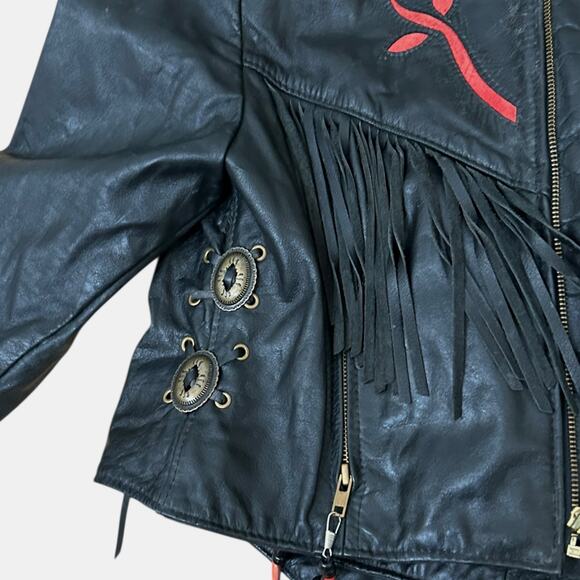 Vintage Black Leather Fringe Jacket with Red Rose inlay Embroidery / Medium - - Picture 5 of 5